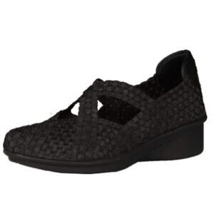 Steven Size 10 Slip On Round Toe Textile Wedge Heel Caspar Mary Jane Flat Black